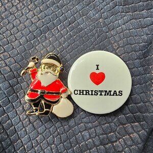 Vintage Santa Claus Brooch & "I Love Christmas" Button Pin Set